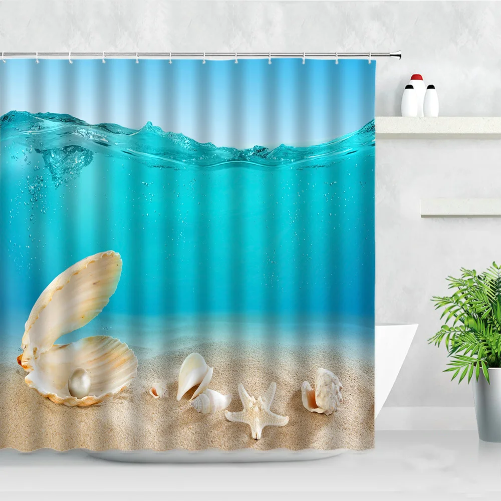 

Beach Shell Pearl Starfish Pattern Bathroom Shower Curtains Conch Ocean Scenery 3D Print Waterproof Decor Screens Hooks Curtain