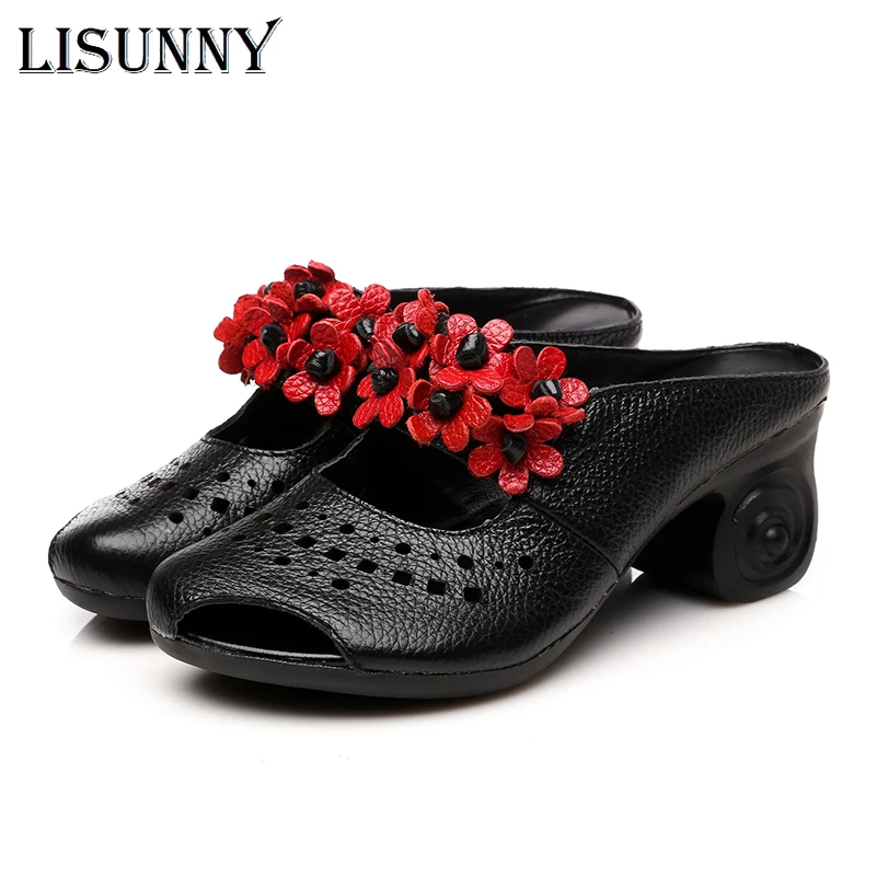 Шлепанцы LISUNNY из натуральной кожи сандалии на толстом каблуке сланцы с цветами