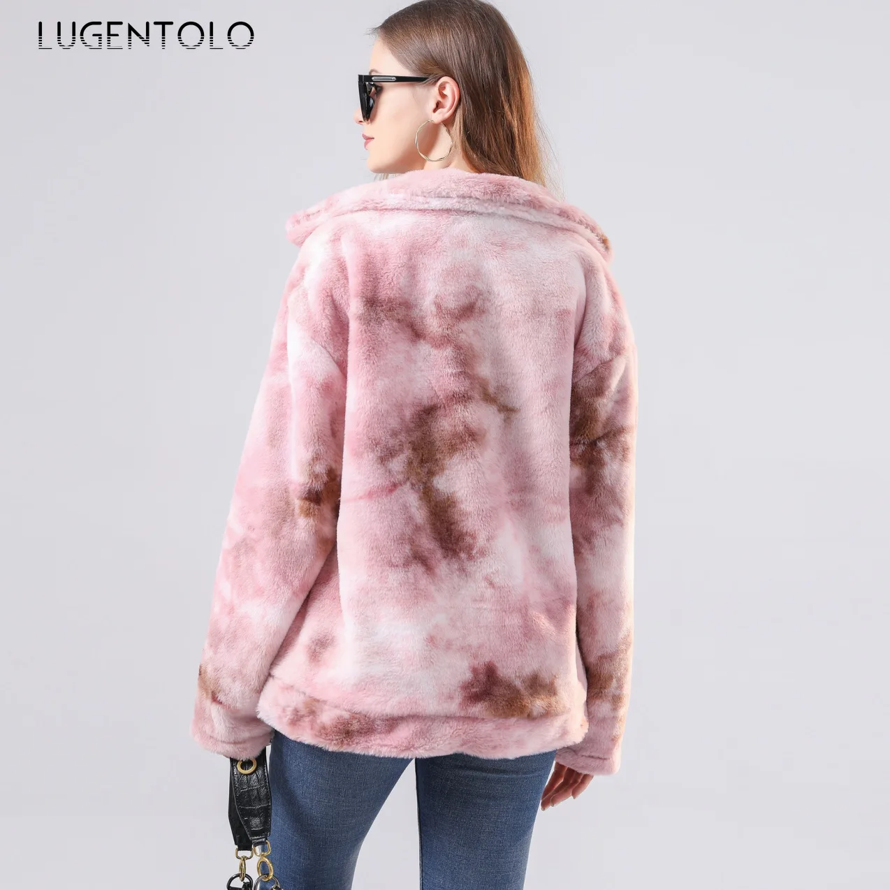 

Lugentolo Women Jacket Autumn Coat Women's Plush Tie Dye Color Lapel Long-sleeved Zipper Pocket Casual Jackets