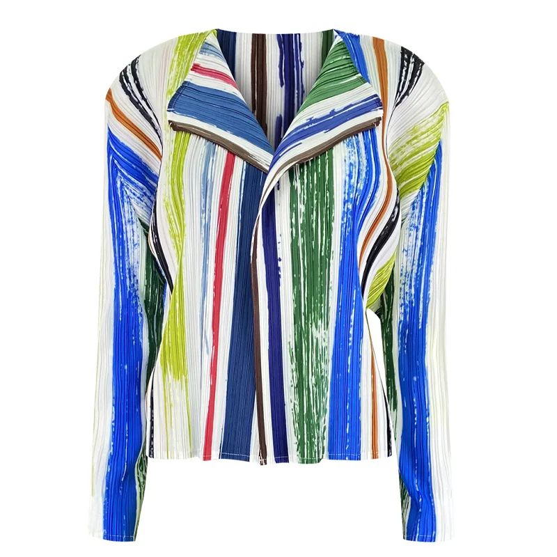 

TVVOVVIN Spring New Fashiona Slim Pleated Two-piece Set Printed Striped Jacket O-neck Sleeveless Mid-length Dress B3FI