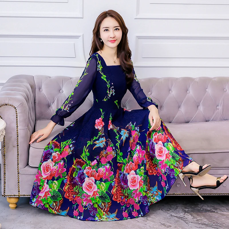 Новое Женское шифоновое платье 2019 осеннее цветочное элегантное винтажное
