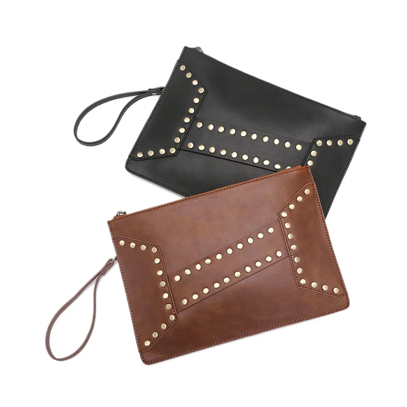 

HIGHREAL Fashion Rivet Day Clutch Bags Envelope Handbag IPad Bag Personality Leather Contrast Color Street Lady Wrist Bag