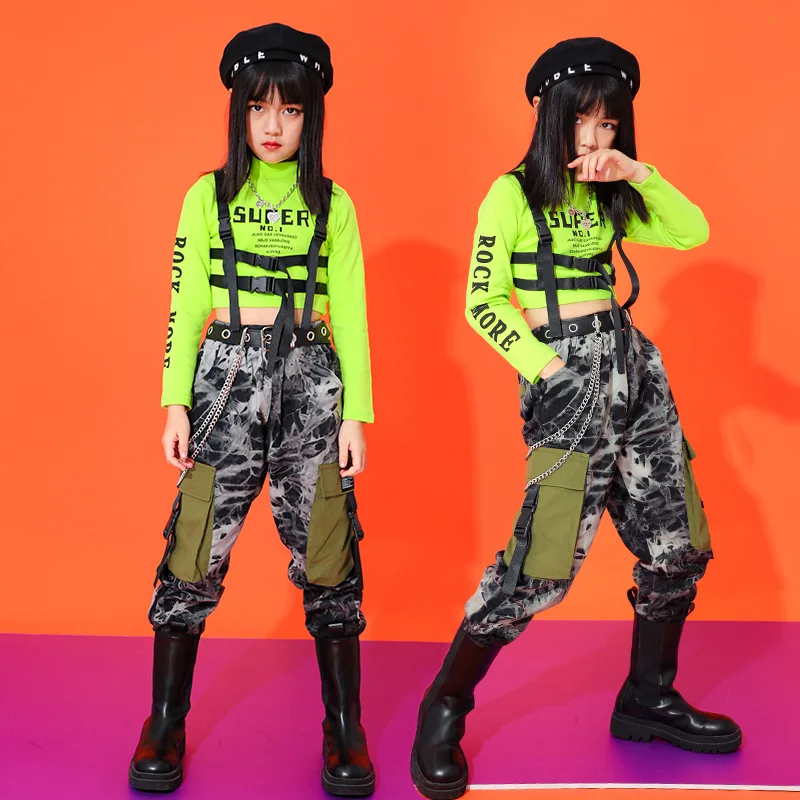 

Girl Hip Hop Camouflage Pant Goth Crop Top 2 Pcs Set Kids Gothic Sweatshirt Outfit Child Street Dance Clothes Costume Streetwear