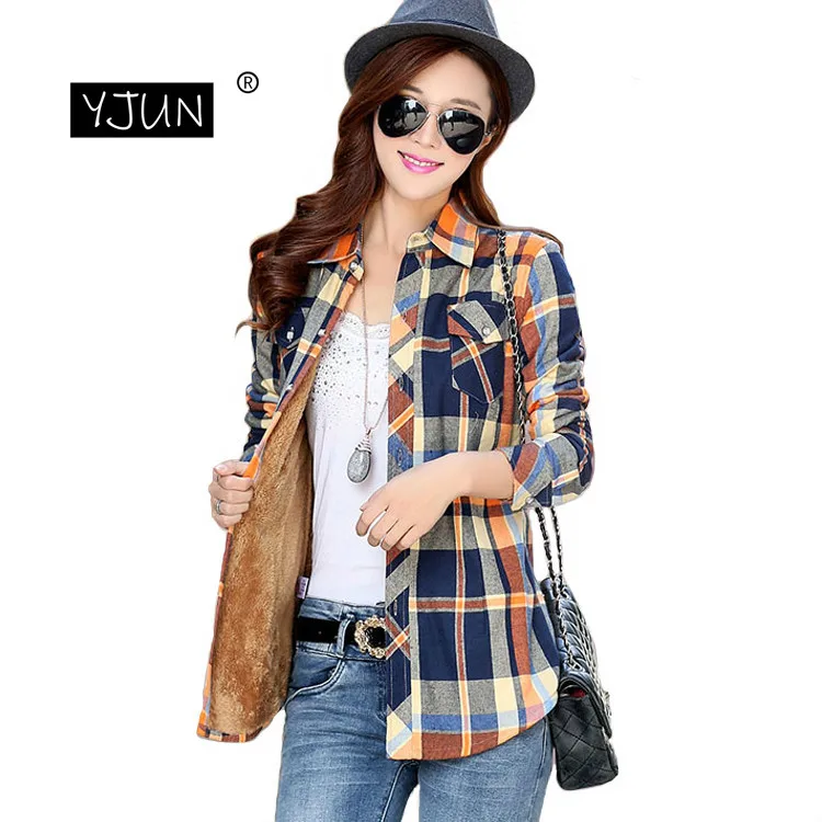 Женская зимняя бархатная Толстая утепленная клетчатая блузка с длинным рукавом