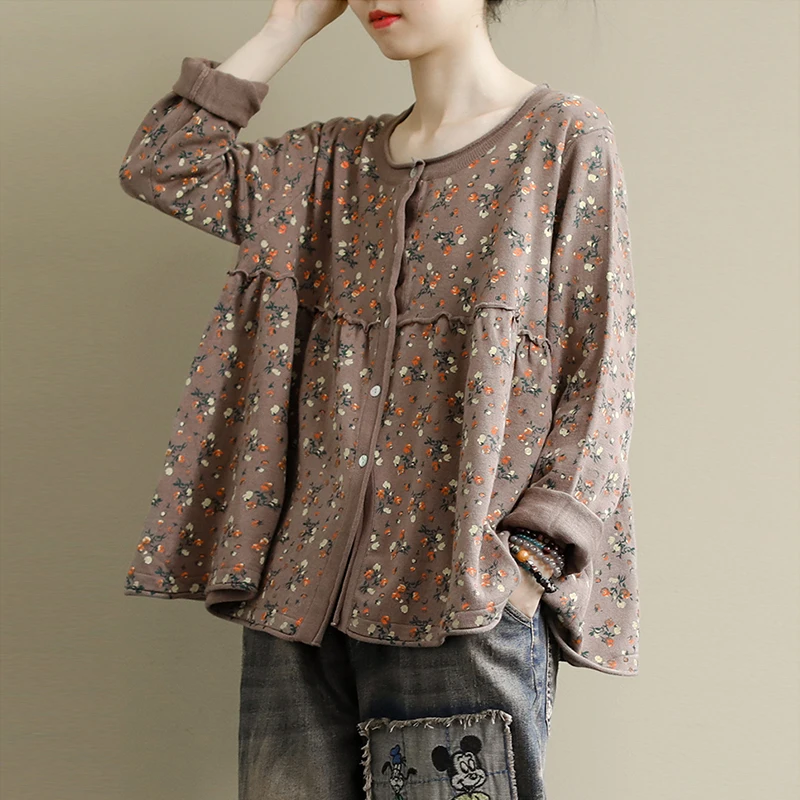 Johnature новинка для отдыха Ретро стиль круглый вырез цветочный принт однобортный