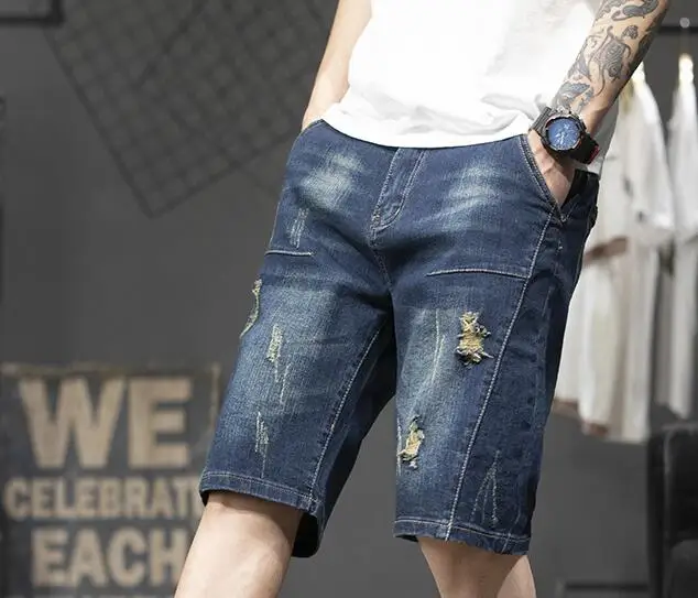 Men's Ripped Jeans Shorts Summer Fashion Casual Loose Straight High Quality Denim Shorts Male Brand Knee Length Jeans