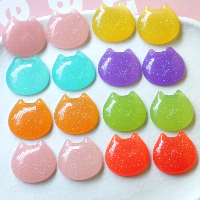 

100pcs/lot glitter core color print cartoon cats heads shape resin flatback cabochon beads diy jewelry earring accessory
