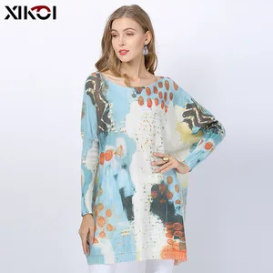 Женское трикотажное платье-свитер, с длинным рукавом летучая мышь, с принтом, большого размера, 2021