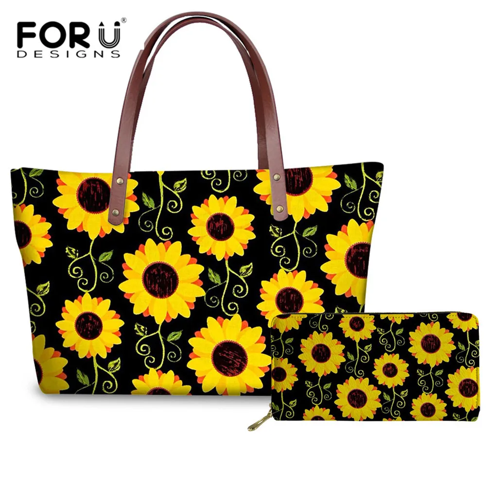 

Роскошные сумки FORUDESIGNS, женские дизайнерские сумки с принтом Sunflower, женские большие Наплечные сумки с желтым цветком, повседневные женские п...