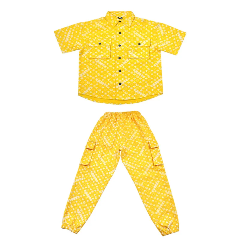 

Children'S Hip Hop Street Dance Costumes For Boys Yellow Print Jacket Pants Suit Girls Jazz Dance Performance Clothing 120-170
