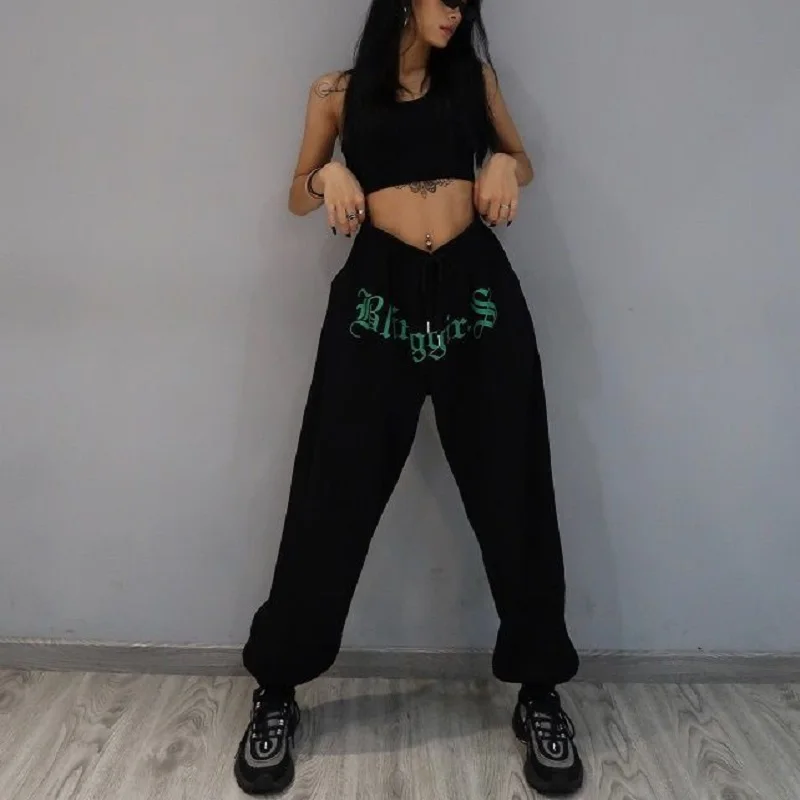 

QWEEK Gothic Streetwear Jogging Sweatpants Women Oversize Black Sports Pants Harajuku Gray Joggers Emo Trousers For Female