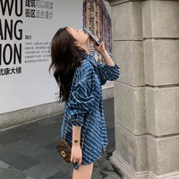 wff blue denim jacket female new spring autumn letter printing casual shirt design loose lapel long sleeved womens coat shirts