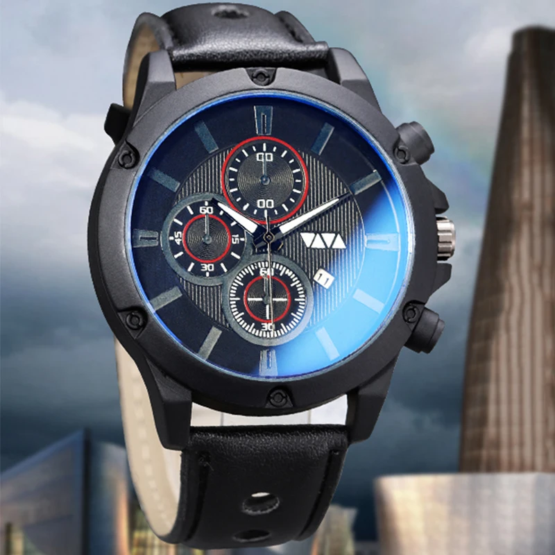 

Часы мужские Кварцевые водонепроницаемые с кожаным ремешком и декоративным циферблатом