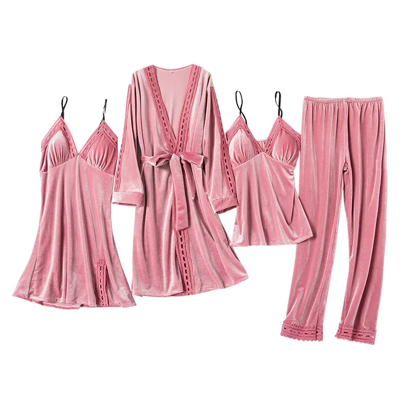 

Women Autumn Velvet Pajamas 4PCS Female Nightgown Warm Lady Bathrobe Nightgown Sets Soft Comfortable Daily Femme Pyjama