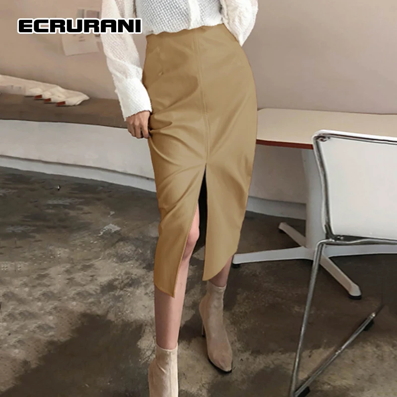 

Юбка из искусственной кожи ECRURANI для женщин, с высокой талией, с разрезом, на молнии, однотонная, элегантная, размера плюс, весенняя, 2021