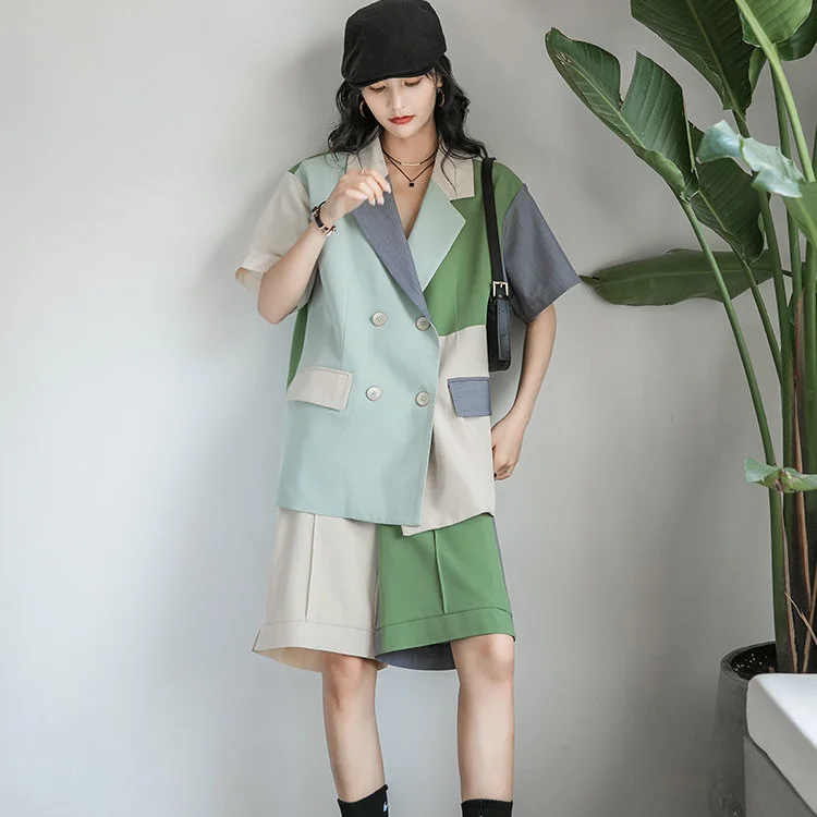 

Blazers Women Short Sleeve Notched Patchwork Fashionable Leisure All-match Summer Daily Blazer Elegant Korean Style New Clothing