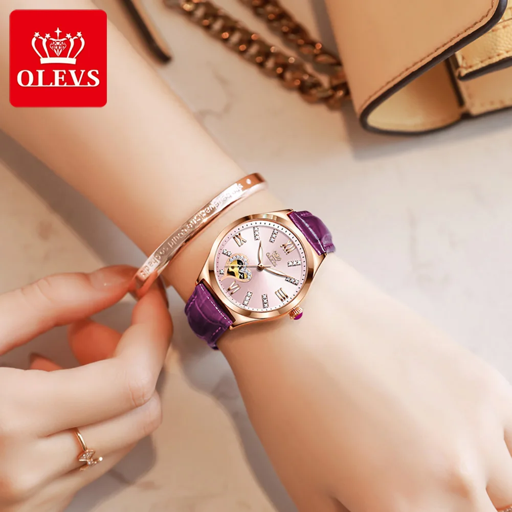 

OLEVS Red Women Mechanical Watches Automatic Leather Wristwatch Self-wind Gifts for Women Christmas watch set Relogios Femininos