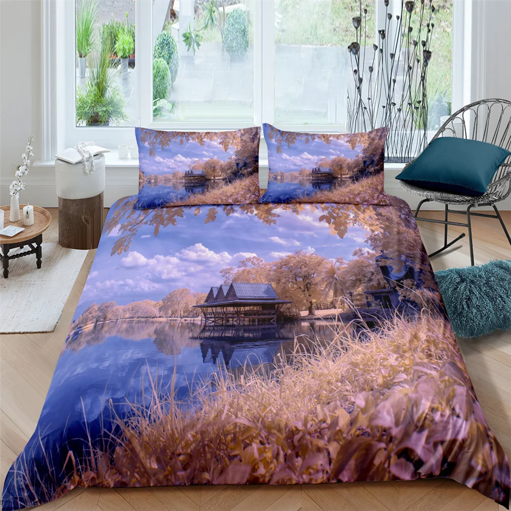 

Pavilion 3D Scenery Fantasy Bedding Set Retro Leaves Full Single Queen King Double Size Duvet Cover Sets with Pillowcase 2/3Pcs