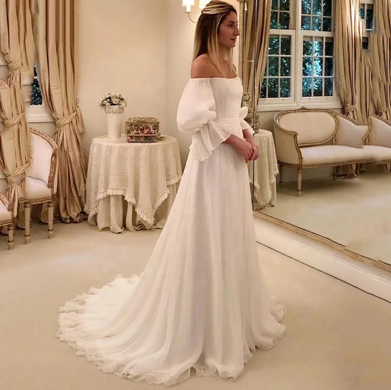 Шифоновое свадебное платье с открытыми плечами пышными рукавами и | Свадьбы