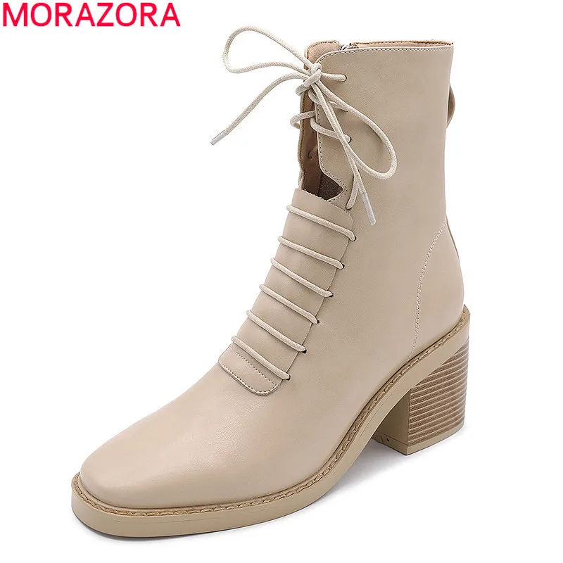 

MORAZORA/2020 Новое поступление; Модные женские ботинки; Ботинки из натуральной кожи; Простые однотонные осенние ботильоны на шнуровке; Женская о...