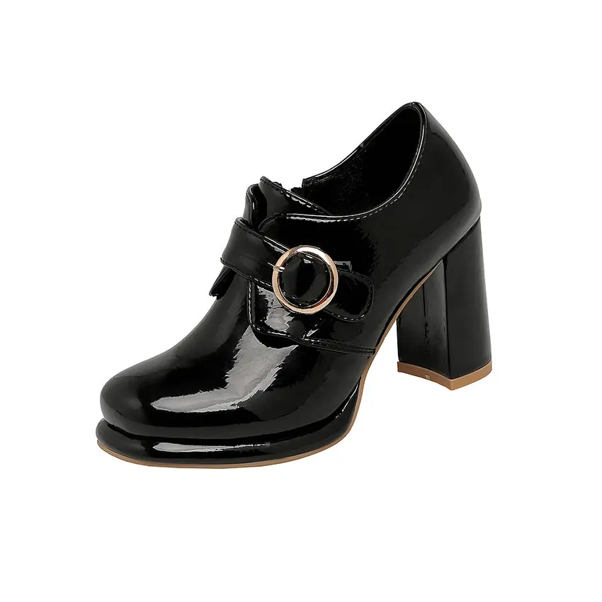

ESVEVA 2021 Buckle Ankle Strap Square High Heels PU Leather Spring Autumn Women Pumps Round Toe Fashion Female Shoes Size 34-43