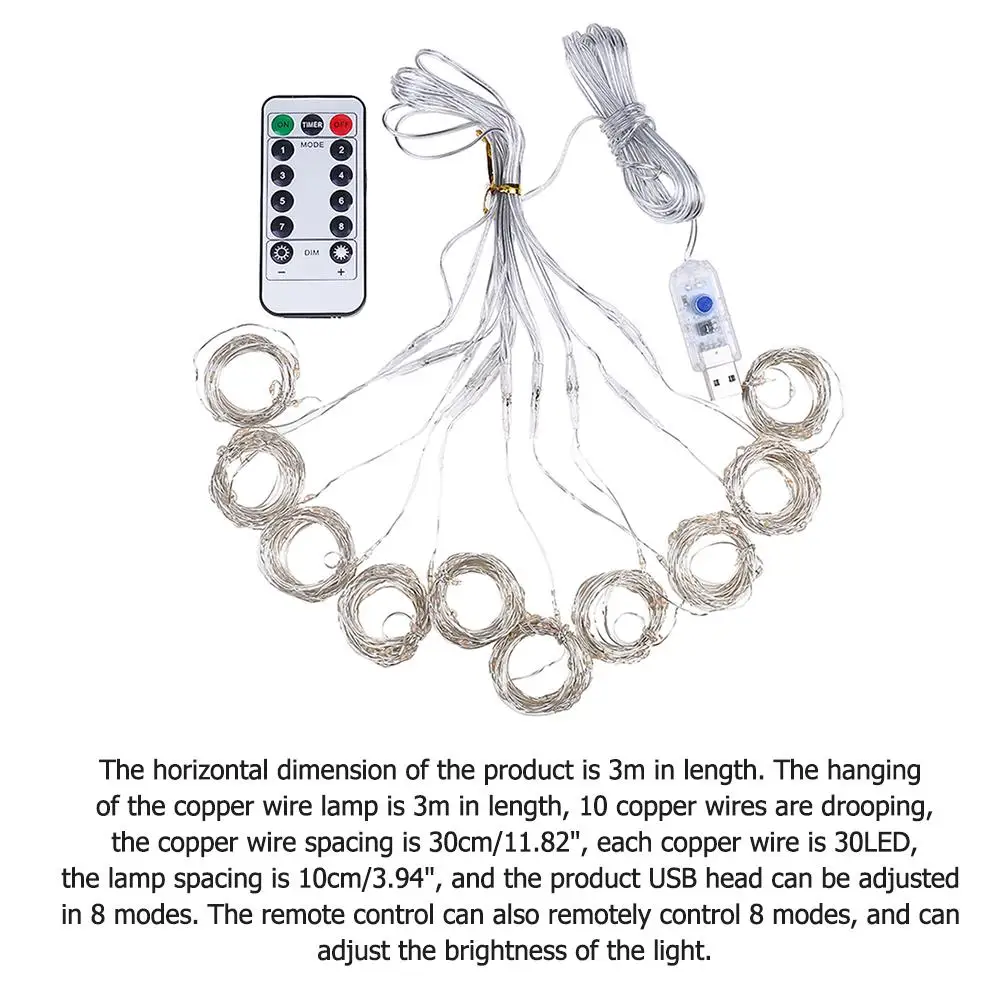 

3x3m 300LED Curtain Lamp Stable Operation Reliable Multi-function 8 Modes Starry Sky Copper Wire Fairy String Light Decor