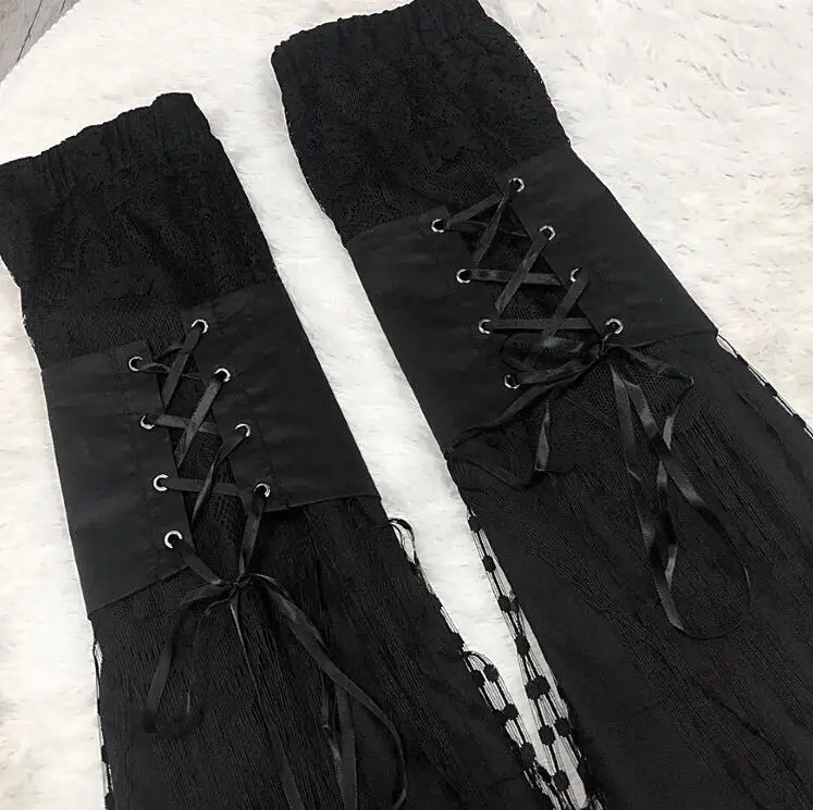 

Autumn Winter Punk Gothic jk girl Lace-Up Splicing Harajuku Japanese Leg Warmer Foot Sock Black Over Knee Tassel Leg Cover