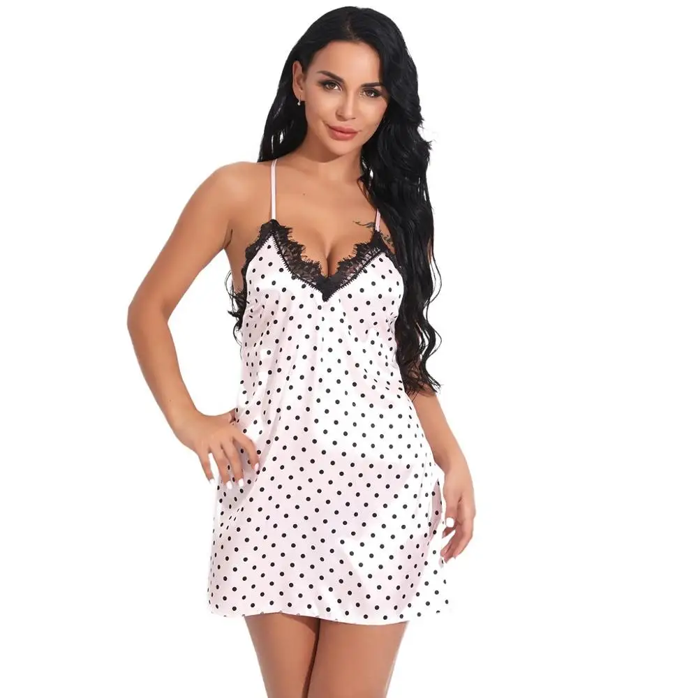 Женское атласное ночное белье кружевное платье без рукавов с принтом в горошек