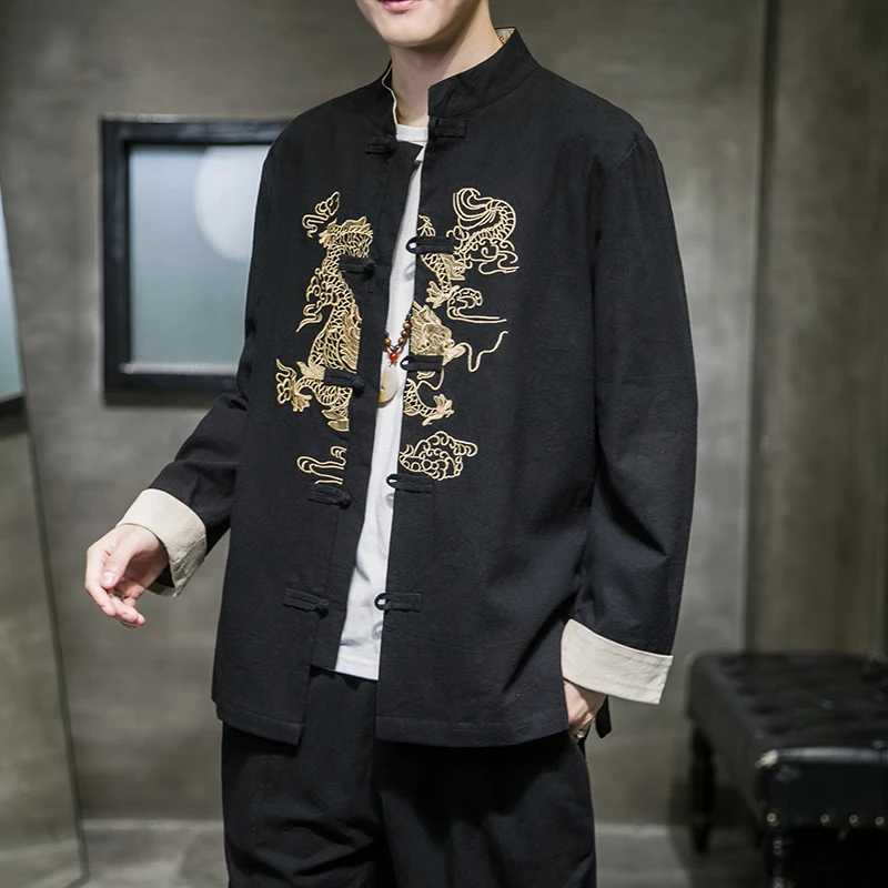 

Autumn and winter new Chinese style men's cotton, linen and linen embroidery Tang suit Hanfu men's casual jacket plus size