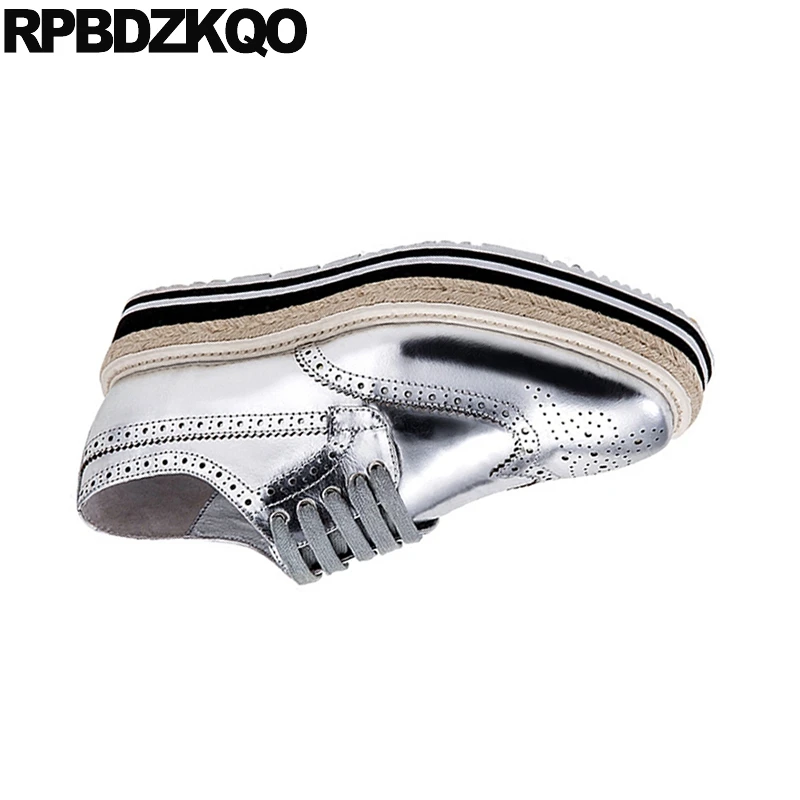 Серебряные криперсы броги на платформе с квадратным носком Espadrilles синие из