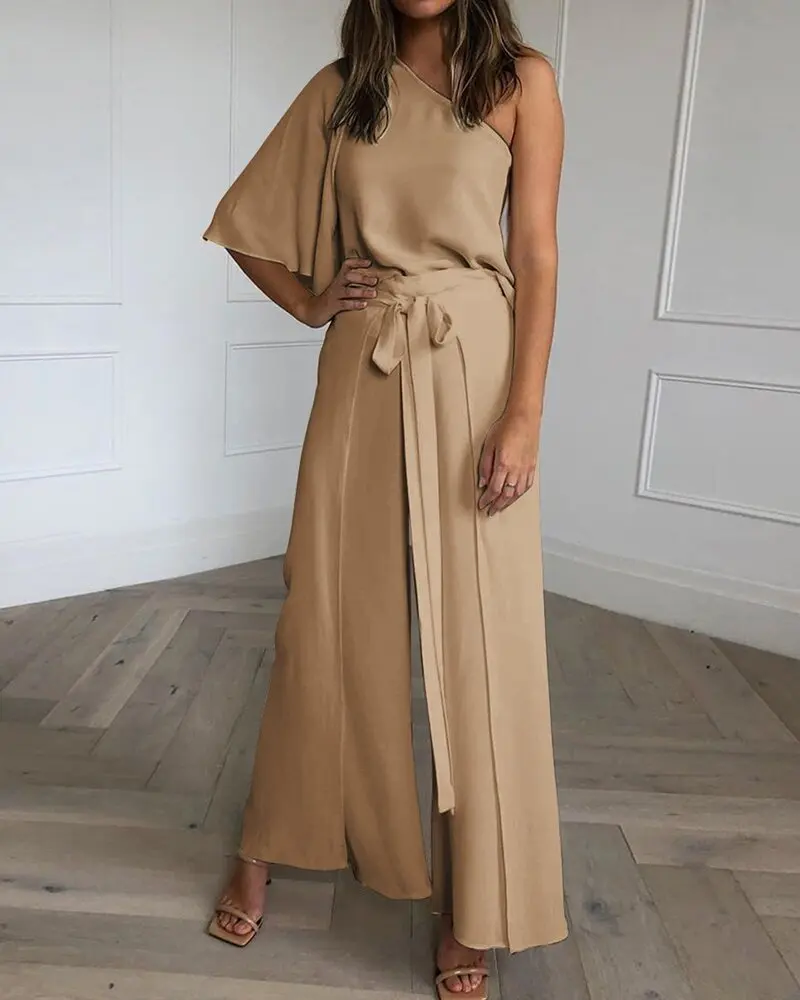 

Jumpsuit Women Sexy Fashion Lace Up Loose Wide Leg Summer Office Casual Solid Inclined Shoulder Female Mujer De Moda Playsuit