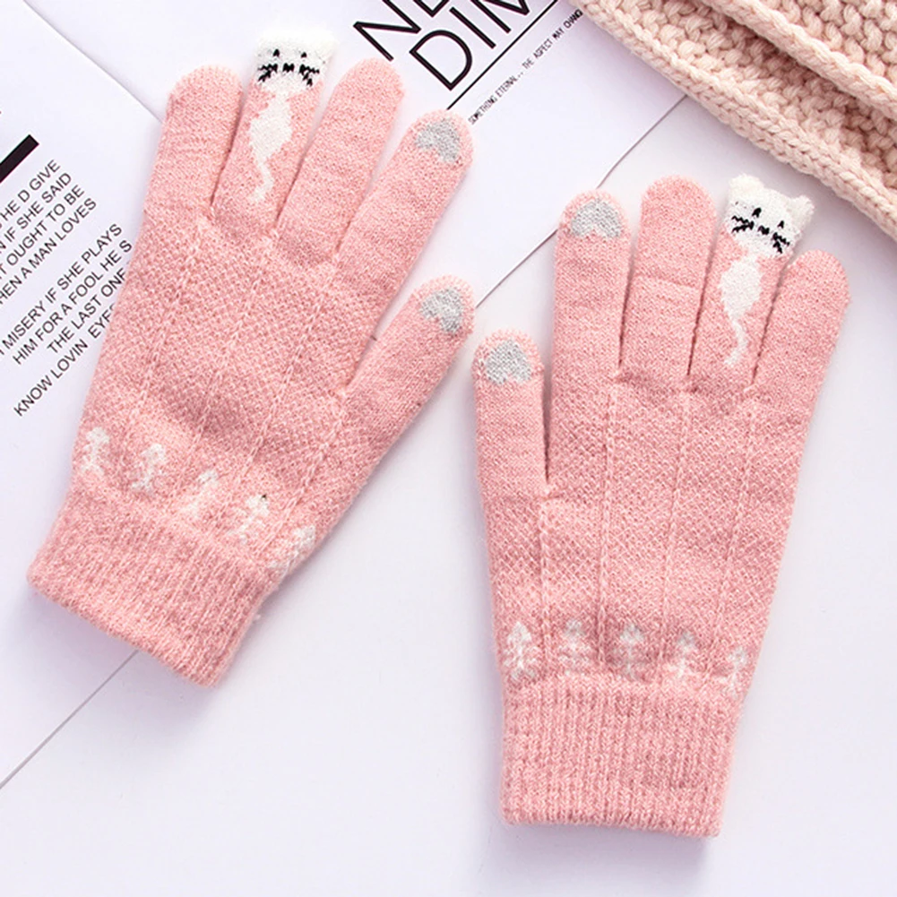 Теплые зимние вязаные перчатки с закрытыми пальцами варежки женские милые