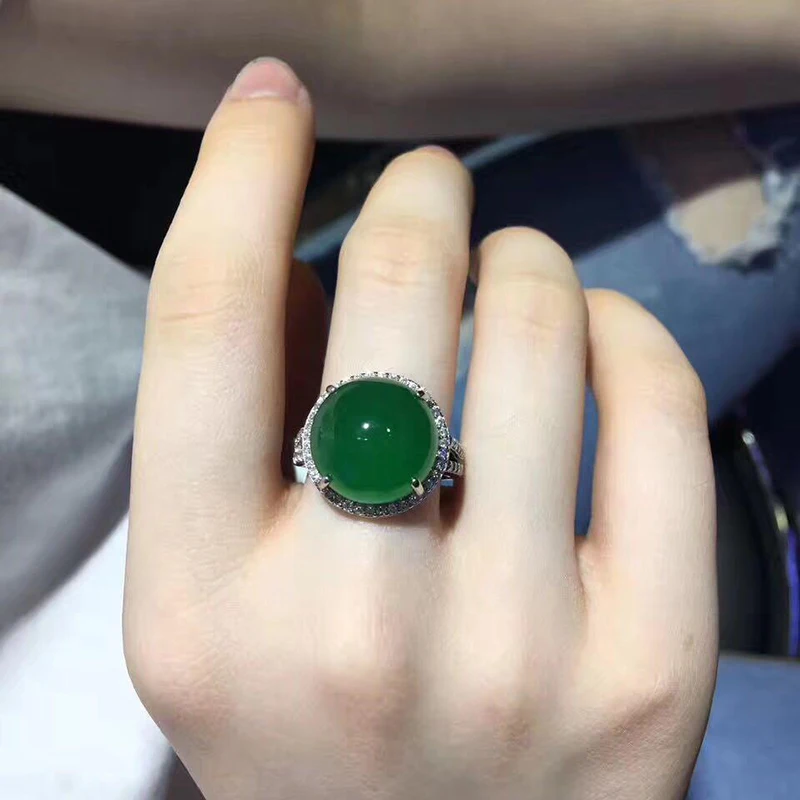 

Silver inlaid full diamond natural round green chalcedony adjustable ring exquisite retro style elegant ladies jewelry