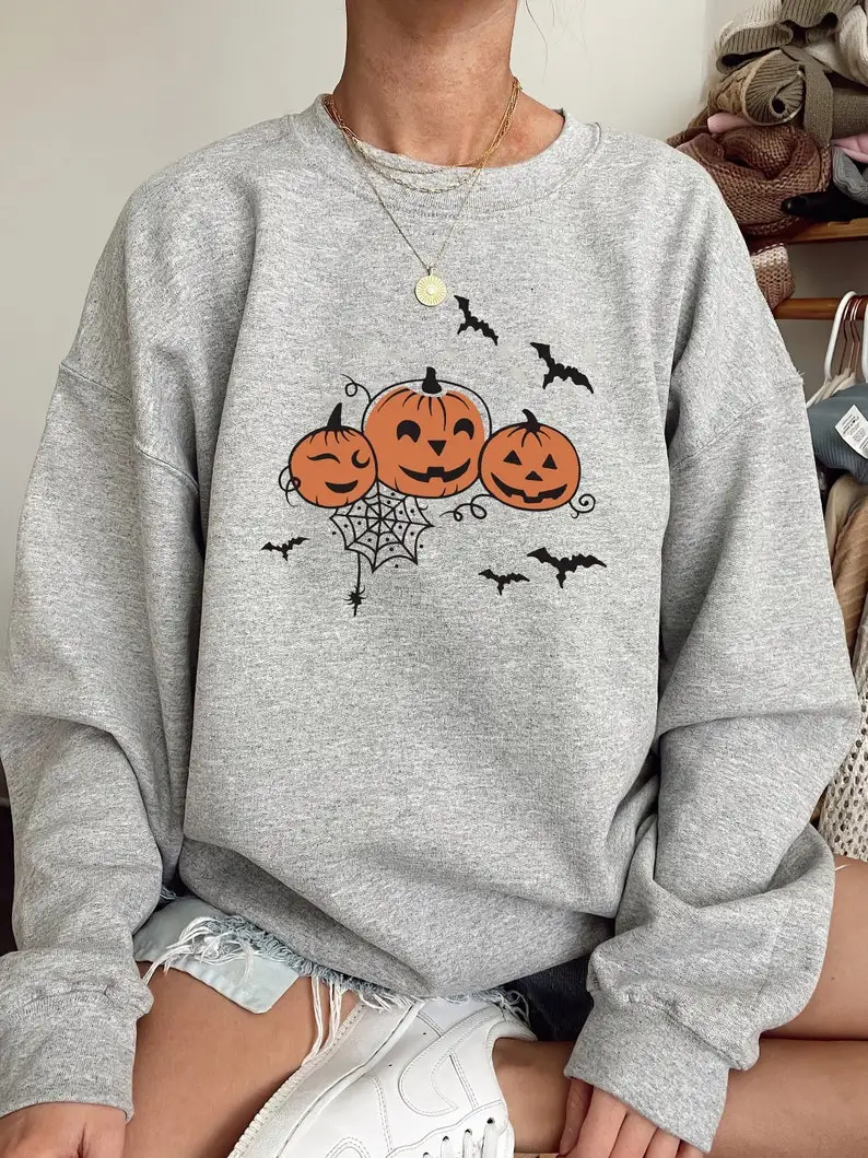 

Halloween Pumpkin Sweatshirt Casual Printed, Cute Tee Shirt Graphic Witch Ghost Cotton Solid Thicken Warm Women Lady Fashion y2k