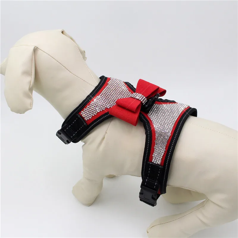 

Reflective Dog Harness Nylon Pitbull Pug Small Medium Dogs Harnesses Vest Bling Rhinestone Bowknot Dog Accessories Pet Supplies