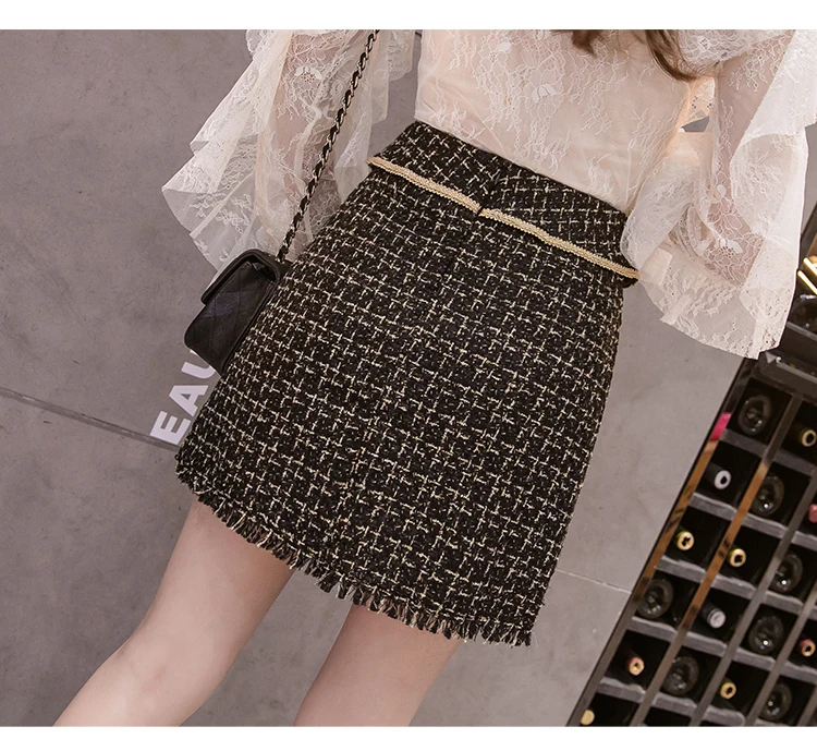 SMTHMA Winter tweed tassel skirts women high waist plaid black women's skirt korean chic mini short skirt faldas mujer moda