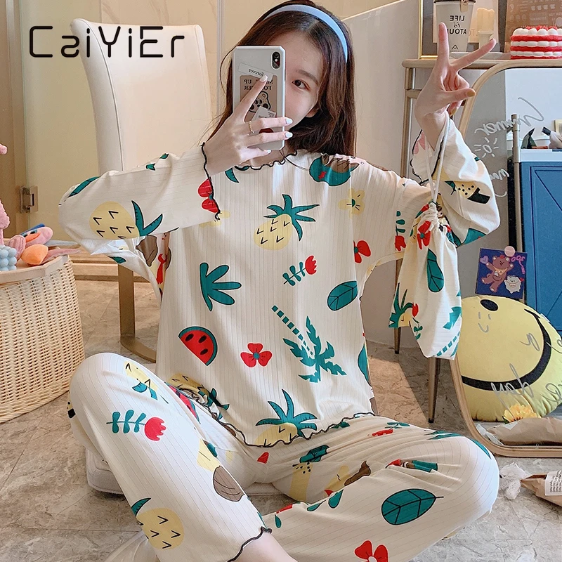 Новый пижамный комплект CAIYIER с мультяшным принтом ананасов женская тонкая