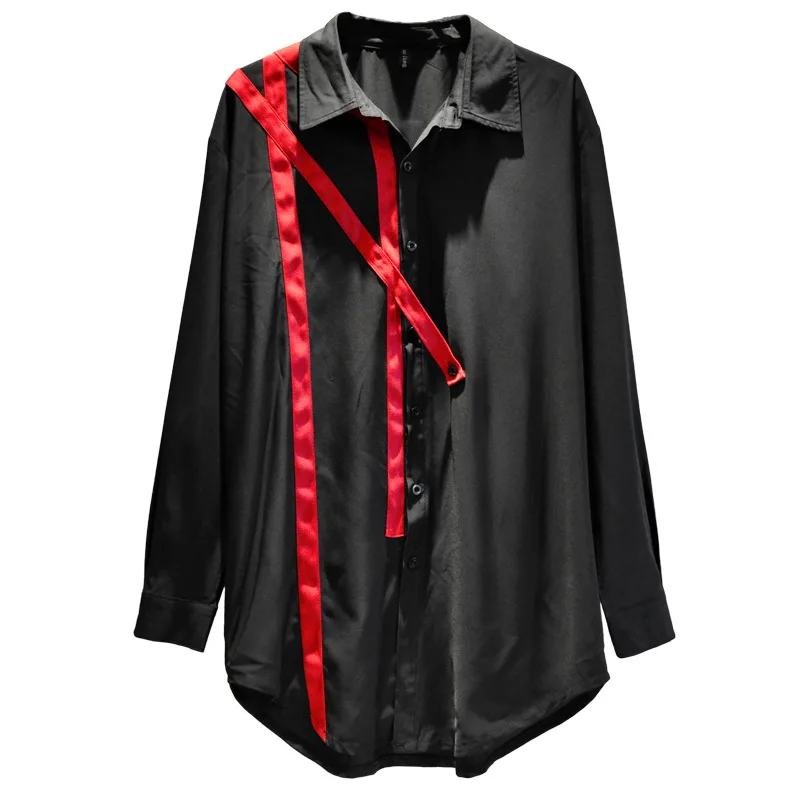 

New Male Streetwear Hip Hop Gothic Dress Shirts Men Red Ribbon Splice Long Sleeve Casual Loose Shirt