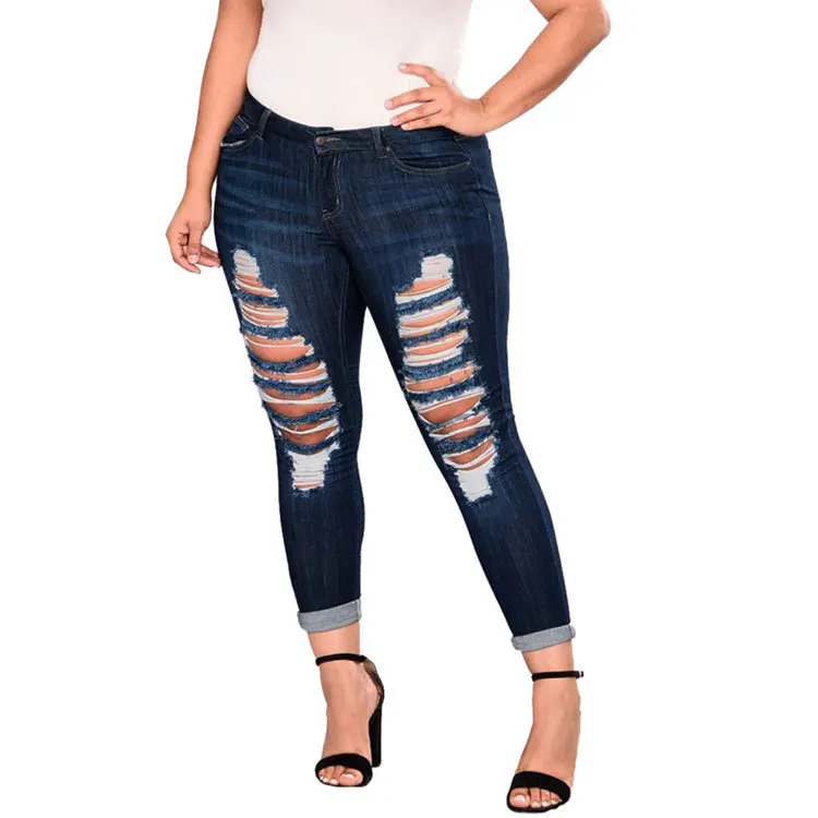 

Jeans Destroyed Pencil-Pants Hole Ripped High-Waist Women Ripped Denim Stretch DM001