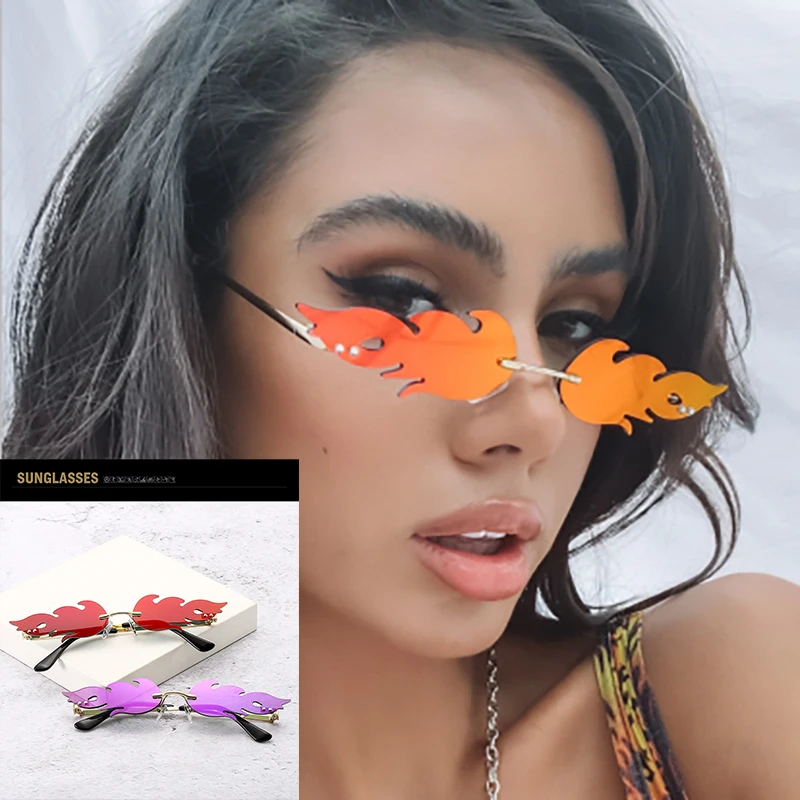 

Vintage Fire Flame Sunglasses Women Men Rimless Sunglasses Luxury Brand Rectangle Fashion Sun Glasses Clear Streetwear Shades