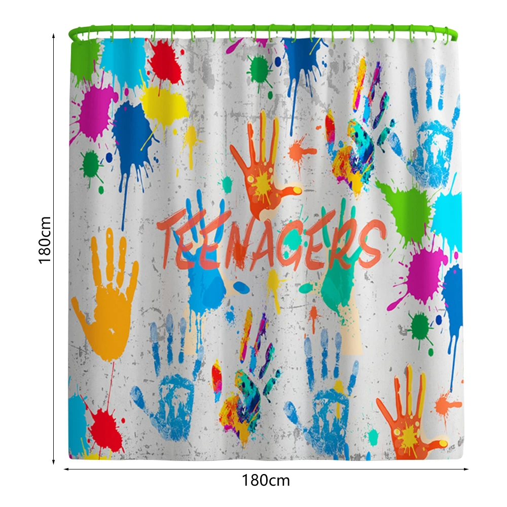 

Shower Curtain Graffiti Handprint Painting Set Bathroom Non-slip Mat Rugs Music Food Toilet Lid Cover Bath Curtains with Hooks