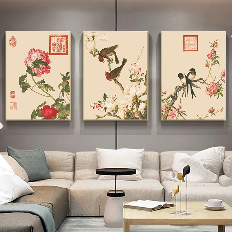 

Chinese Style Flower and Birds Art Vintage Canvas Painting Poster Printing Wall Pictures for Living Room Home Decoration