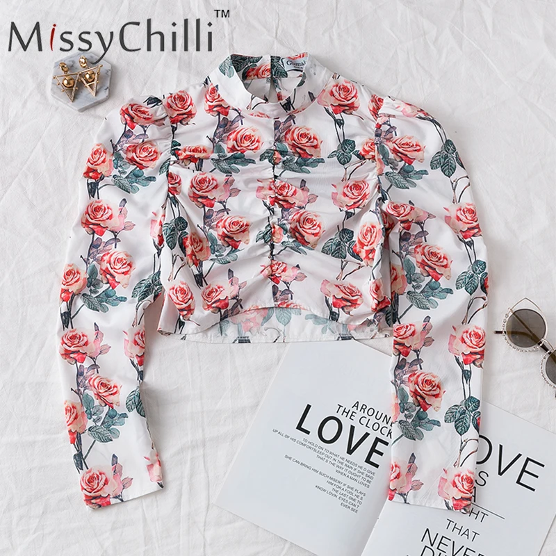 MissyChilli Роза цветочный принт Boho укороченная блузка рубашка для женщин Элегантная