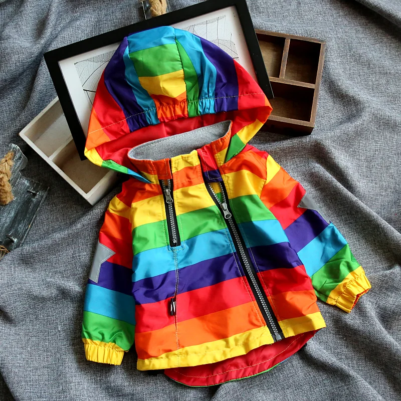 

Boys Girls Rainbow Coat Hooded Sun Water Proof Children's Jacket for Spring Autumn Kids Clothes Clothing Outwear