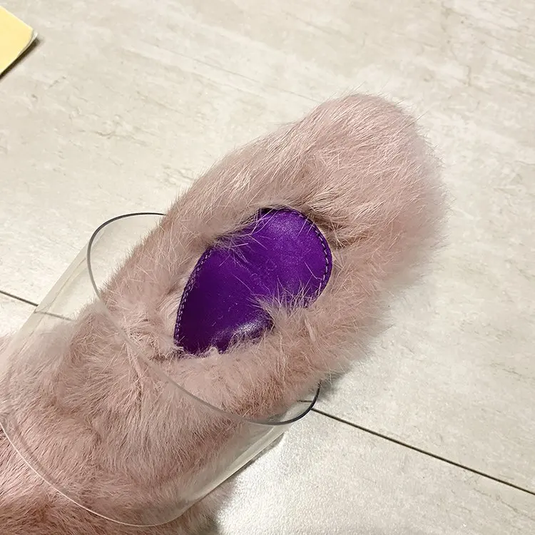 Модные зимние женские меховые тапочки на тонком каблуке Новинка женская обувь с