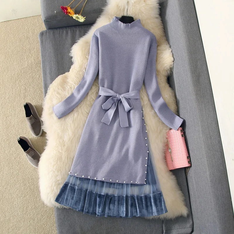 2019 осенне зимний костюм с платьем женский элегантный длинный рукав бисером