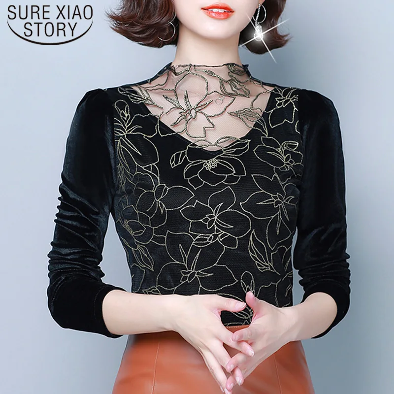 

2021 Fashion New Autumn Winter Long Sleeve Mesh Lace Sexy Solid Shirts Women Splicing Floral Turtleneck Women Blouses 7693 50
