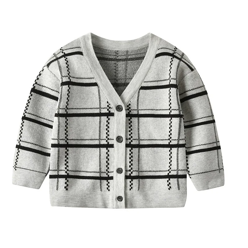 Зимний свитер 2020 детский вязаный в клетку кардиган для маленьких мальчиков с V