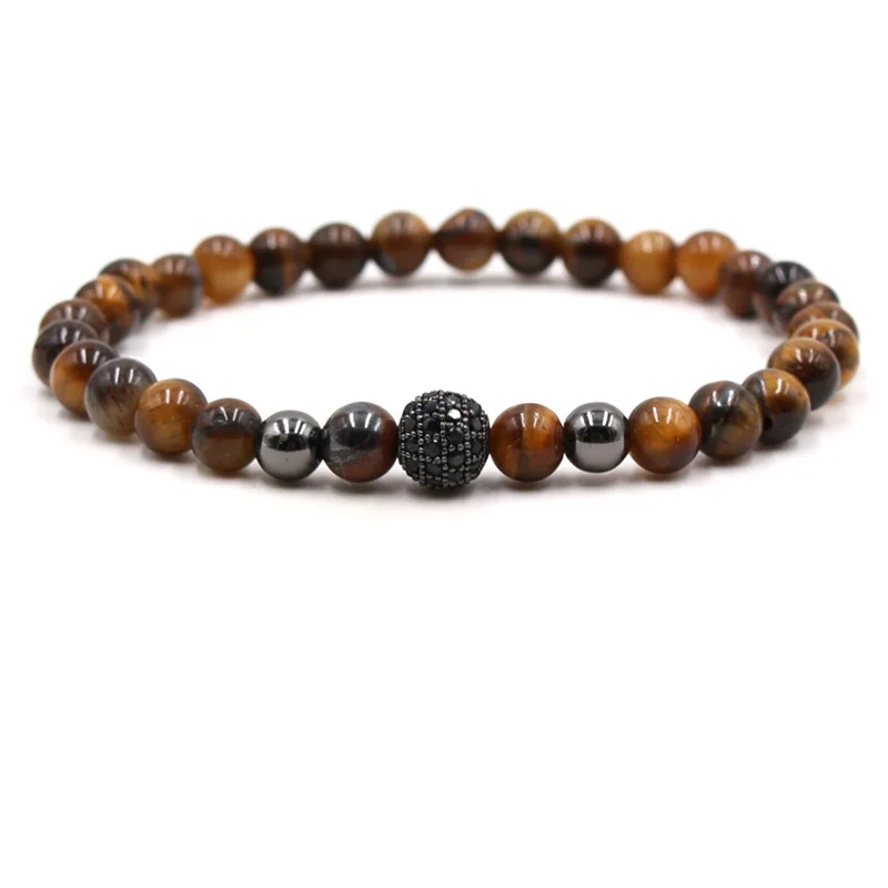 

6mm Natural Tiger Eye stone bead Bracelets Pave CZ 8mm metal ball bracelet for Men&Women charm Handmade fashion Jewelry Bijoux