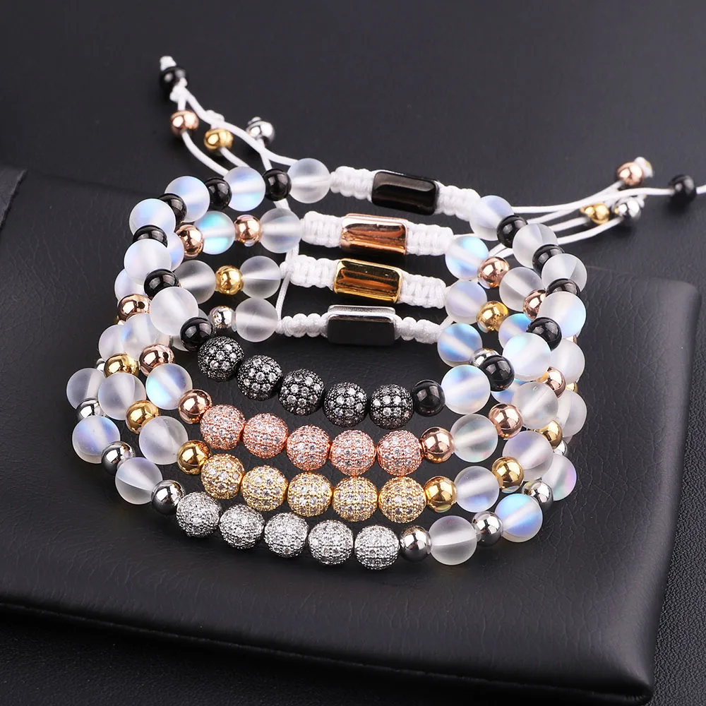 

JARAVVI New Design Luxury CZ Pave Ball AB Color Flash Glass Moonstone Stainless Steel Metal Beads Macrame Bracelet Women